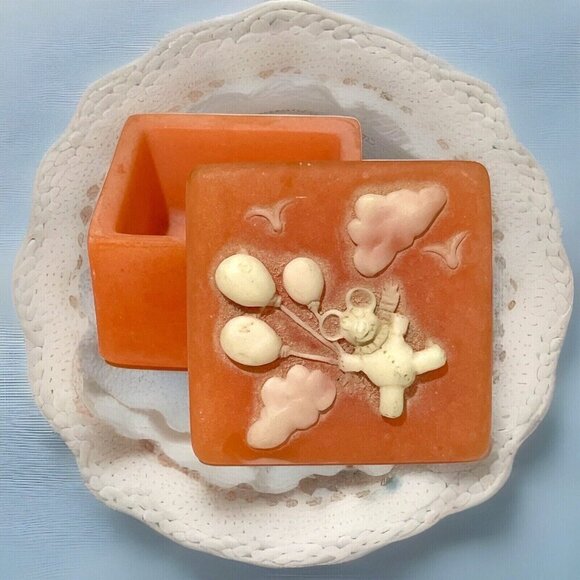 Incolay Square Trinket Jewelry Box Pink Teddy Bear Balloons 3D Vintage USA - Picture 1 of 10